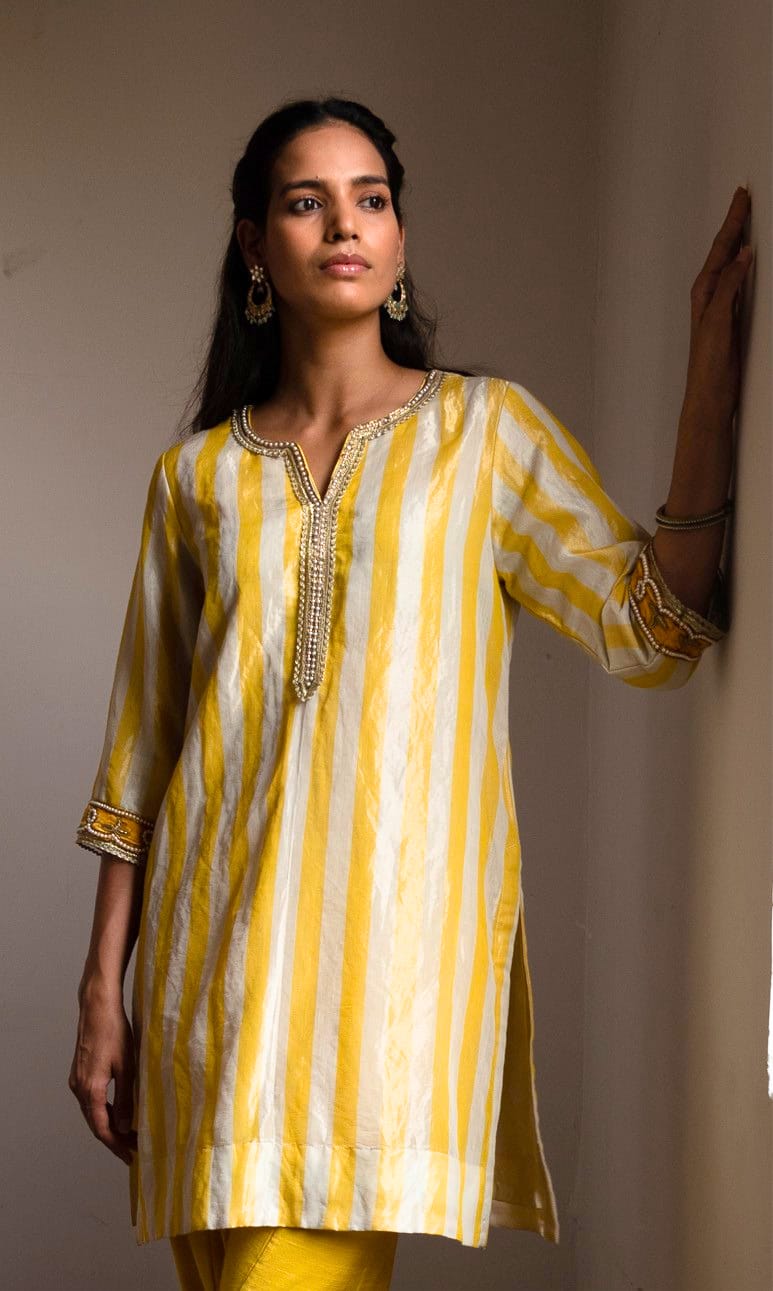 Saifi Kurta in Yellow-White Tissue stripes with salwar