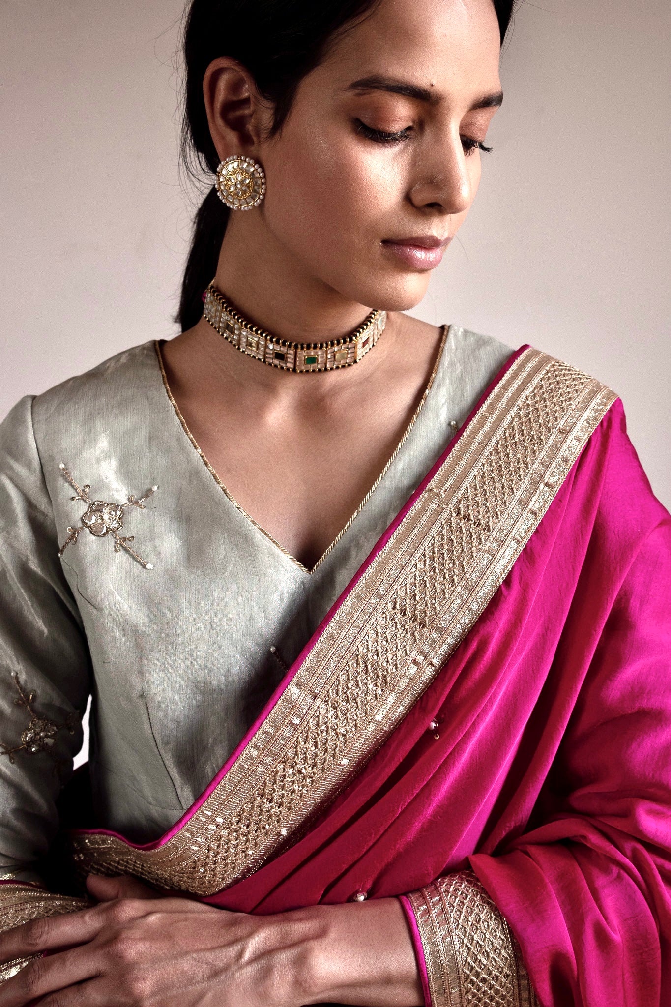 Saree hand embroidered in Hot Pink Silk Satin