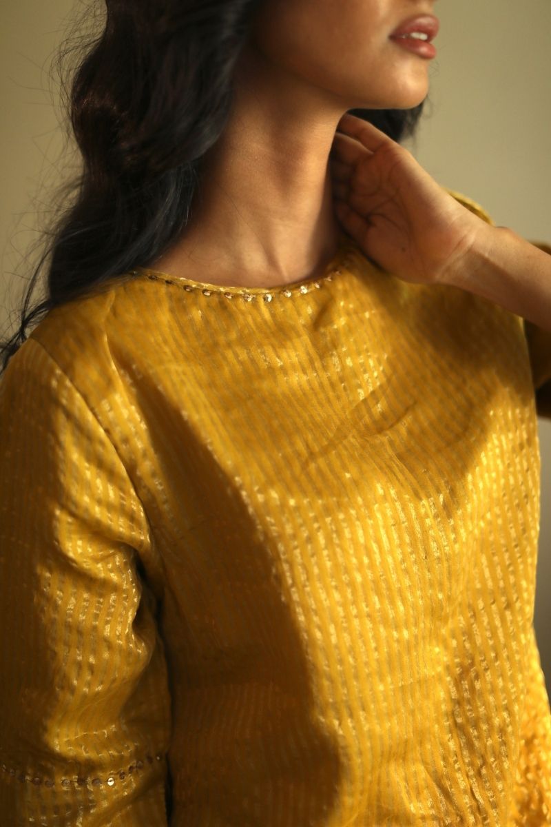 Hk Kurta In Ochre Handloom Chanderi Zari Stripes With Pant