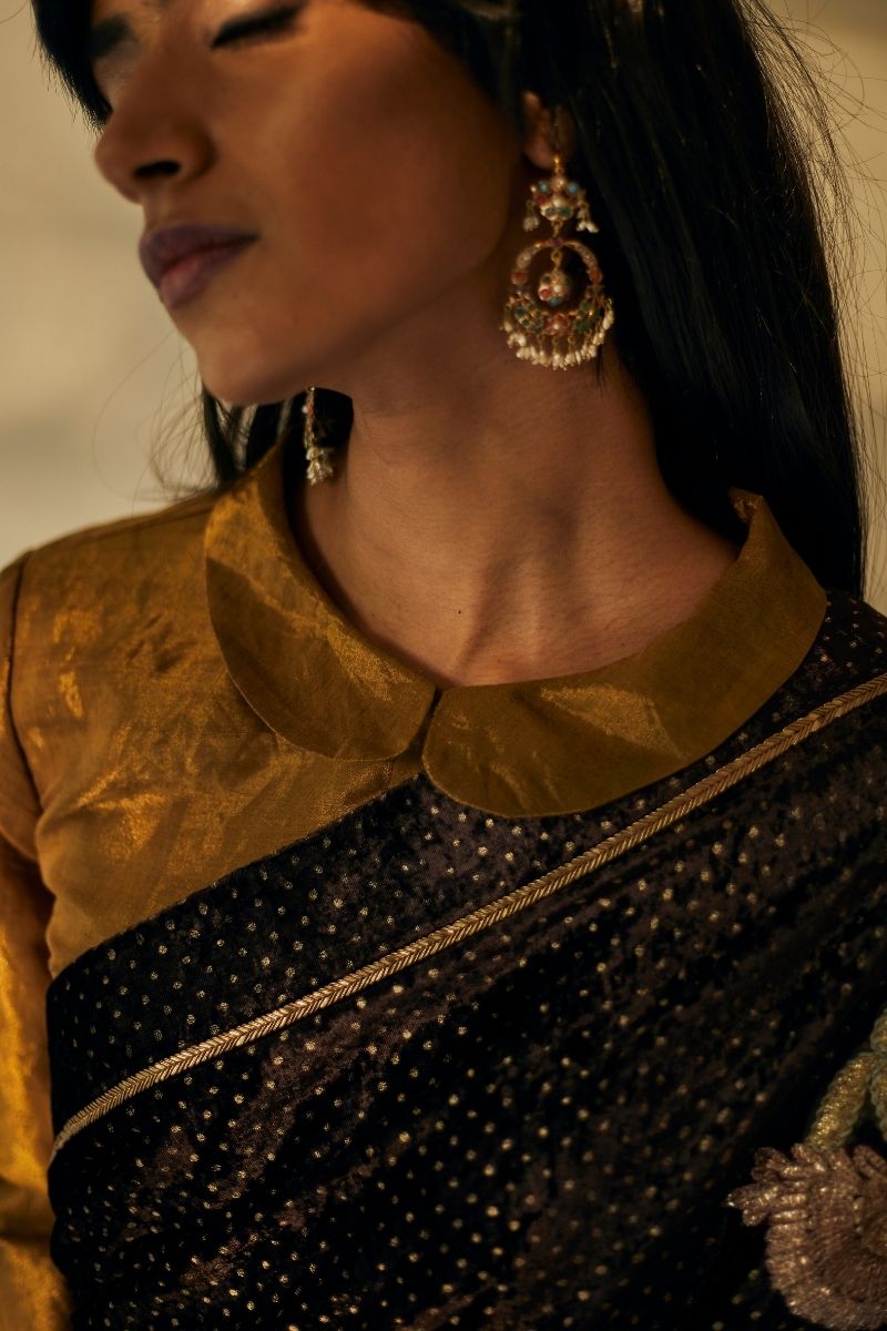 Gayatri Sari In Half Bark Brown Velvet And Half Antique Gold Handloom Tissue