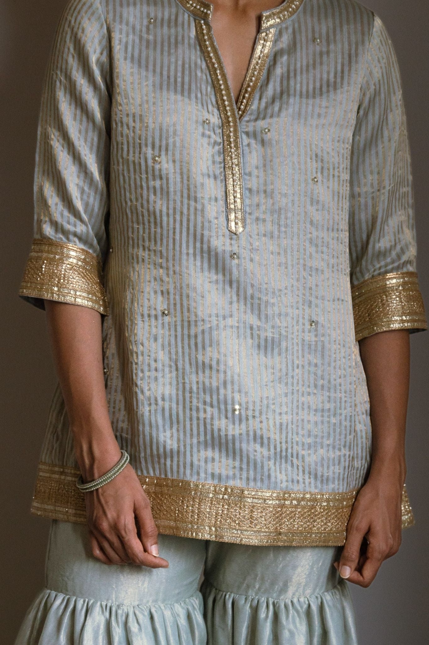 Mini kurta in Pale Blue Handwoven Chanderi Silk Tissue stripes with sharara