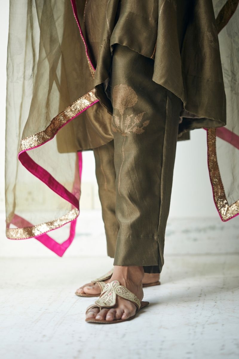 Maxi Kurta In Moss Printed Chanderi With Pants