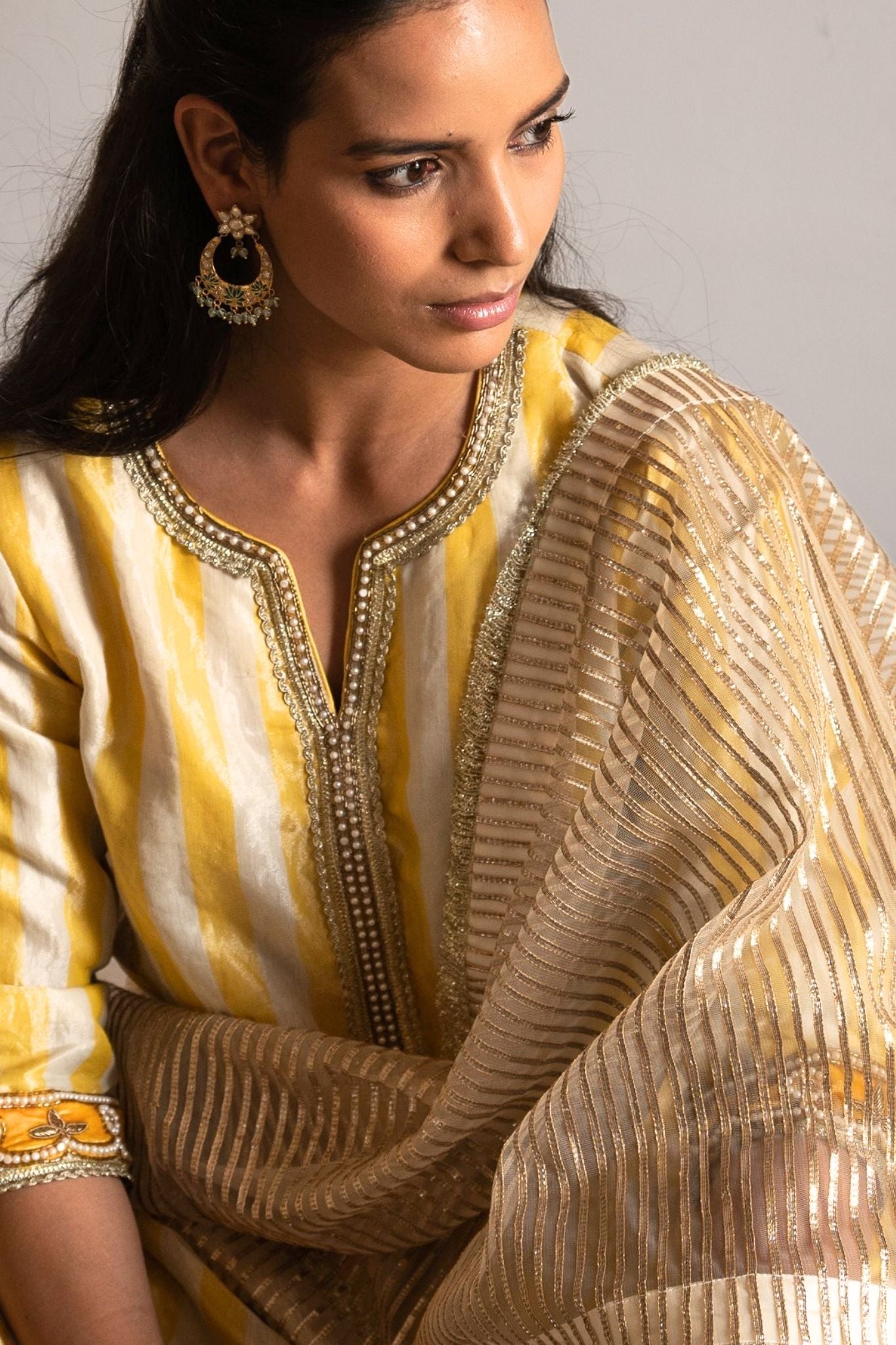 Saifi Kurta in Yellow-White Tissue stripes with salwar