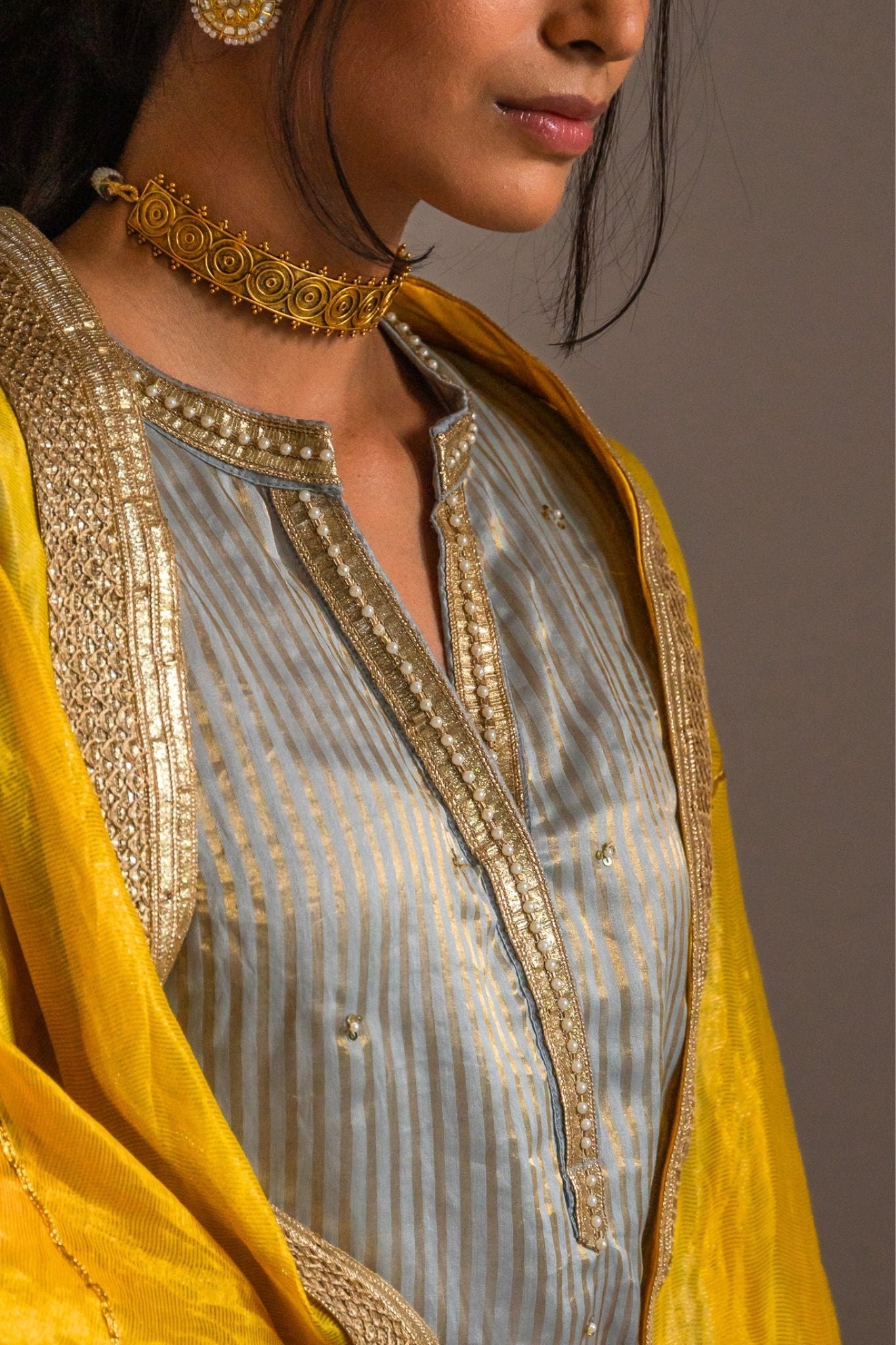 Mini kurta in Pale Blue Handwoven Chanderi Silk Tissue stripes with sharara
