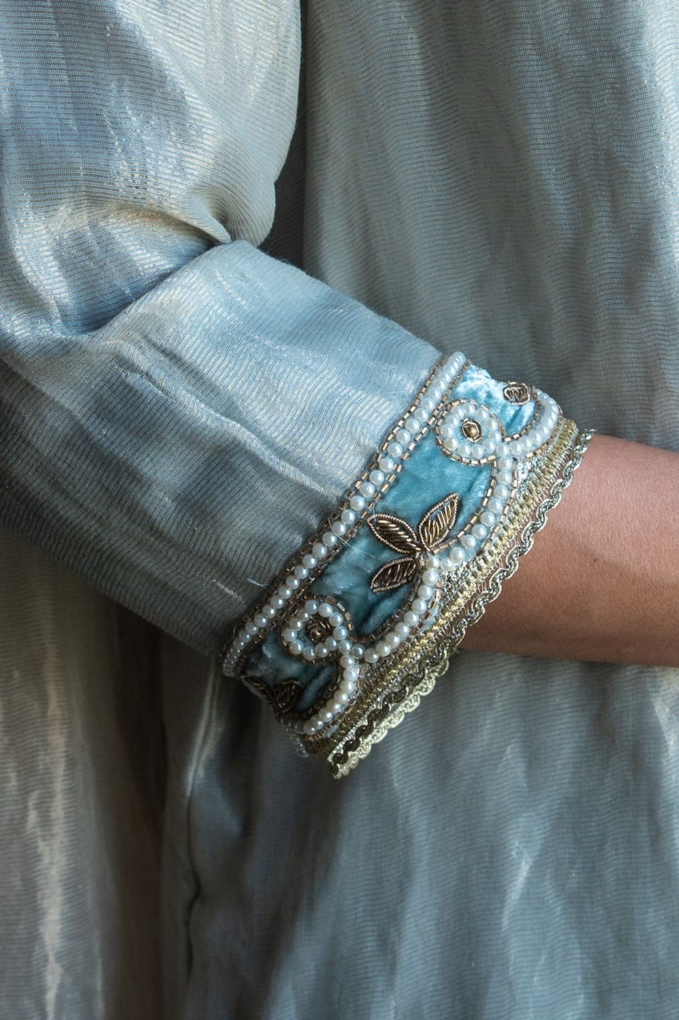 Saifi kurta in Pale Blue Handwoven Chanderi Silk & Tissue stripes with salwar