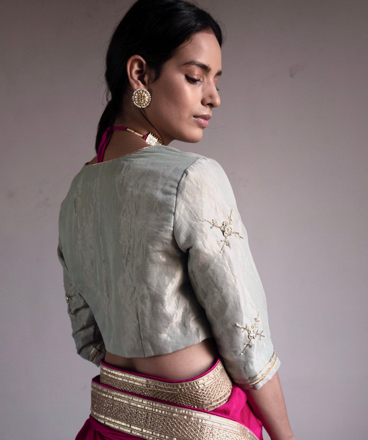 Saree hand embroidered in Hot Pink Silk Satin
