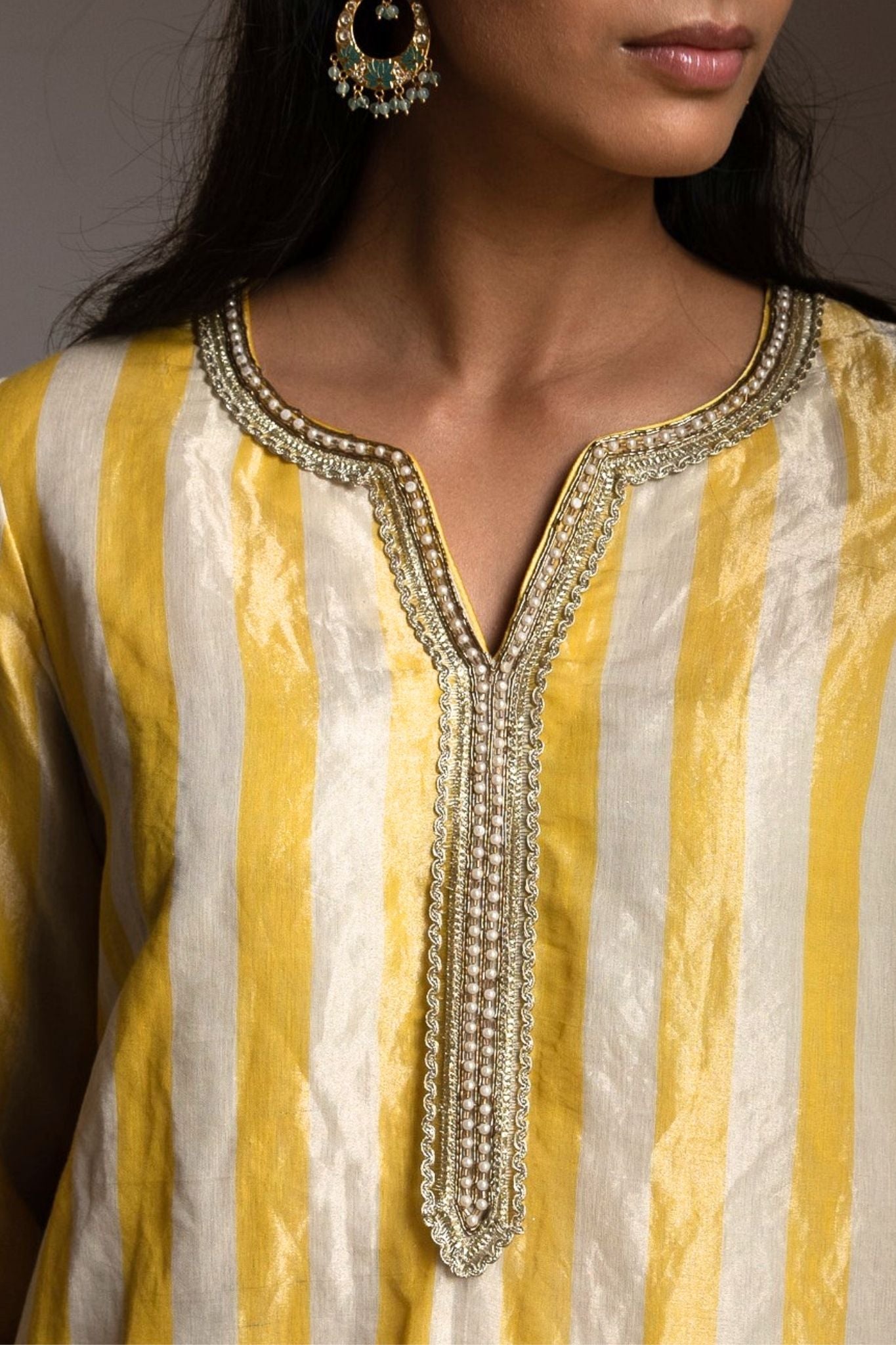 Saifi Kurta in Yellow-White Tissue stripes with salwar