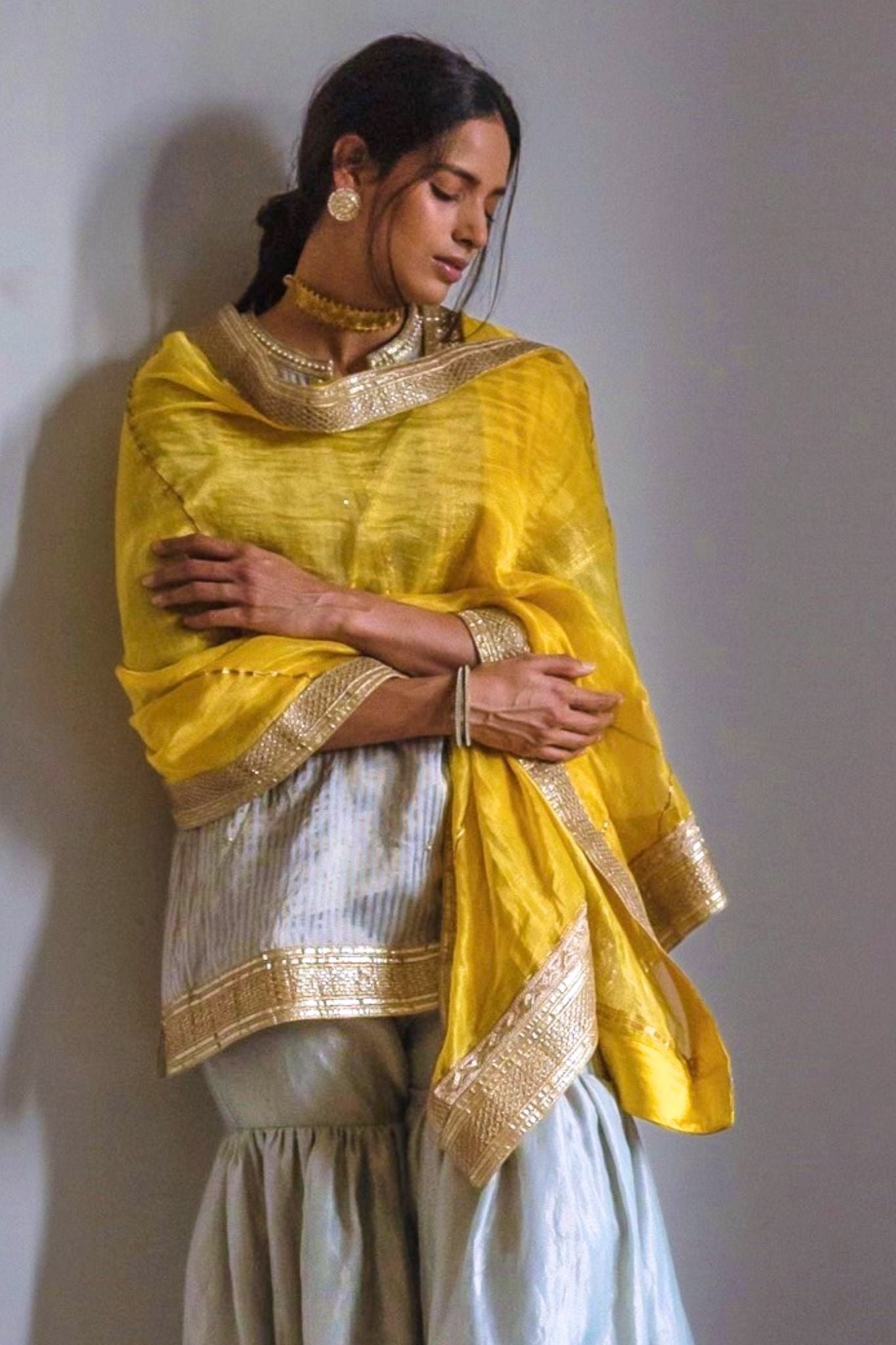 Mini kurta in Pale Blue Handwoven Chanderi Silk Tissue stripes with sharara