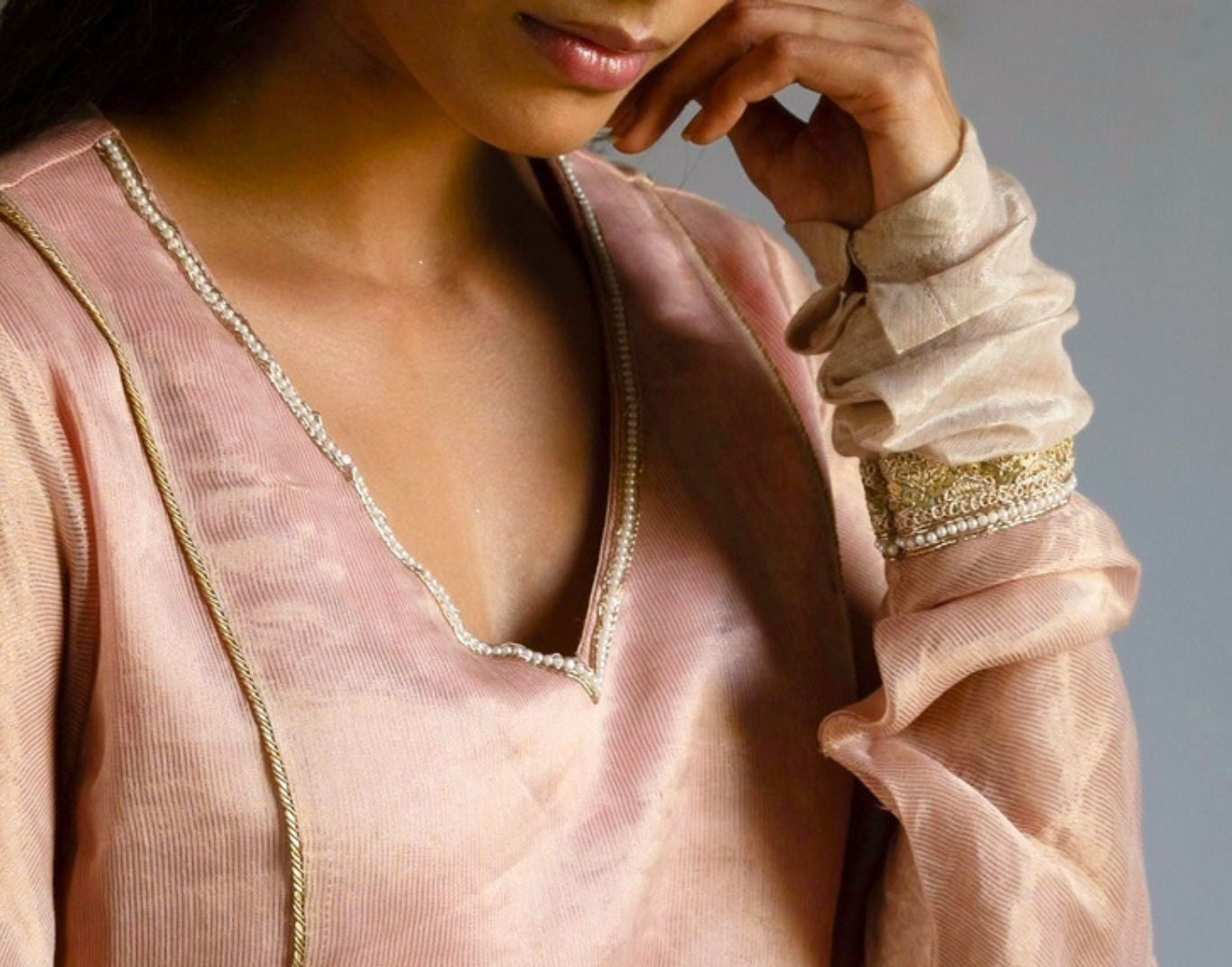 Anu kurta in Ash pink Handwoven Chanderi Silk & Tissue stripes with pants