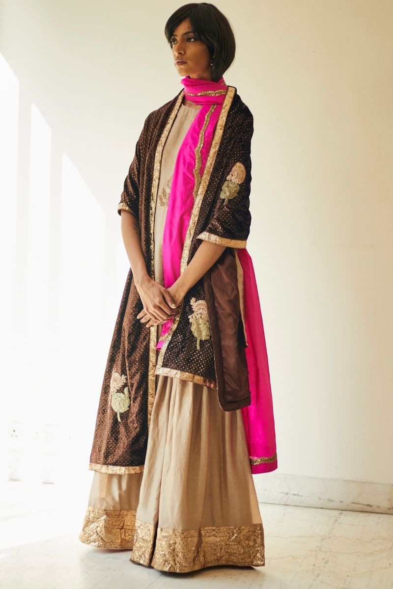 Mini Kurta In Warm Chai Beige Printed Mulberry Silk With Sharara