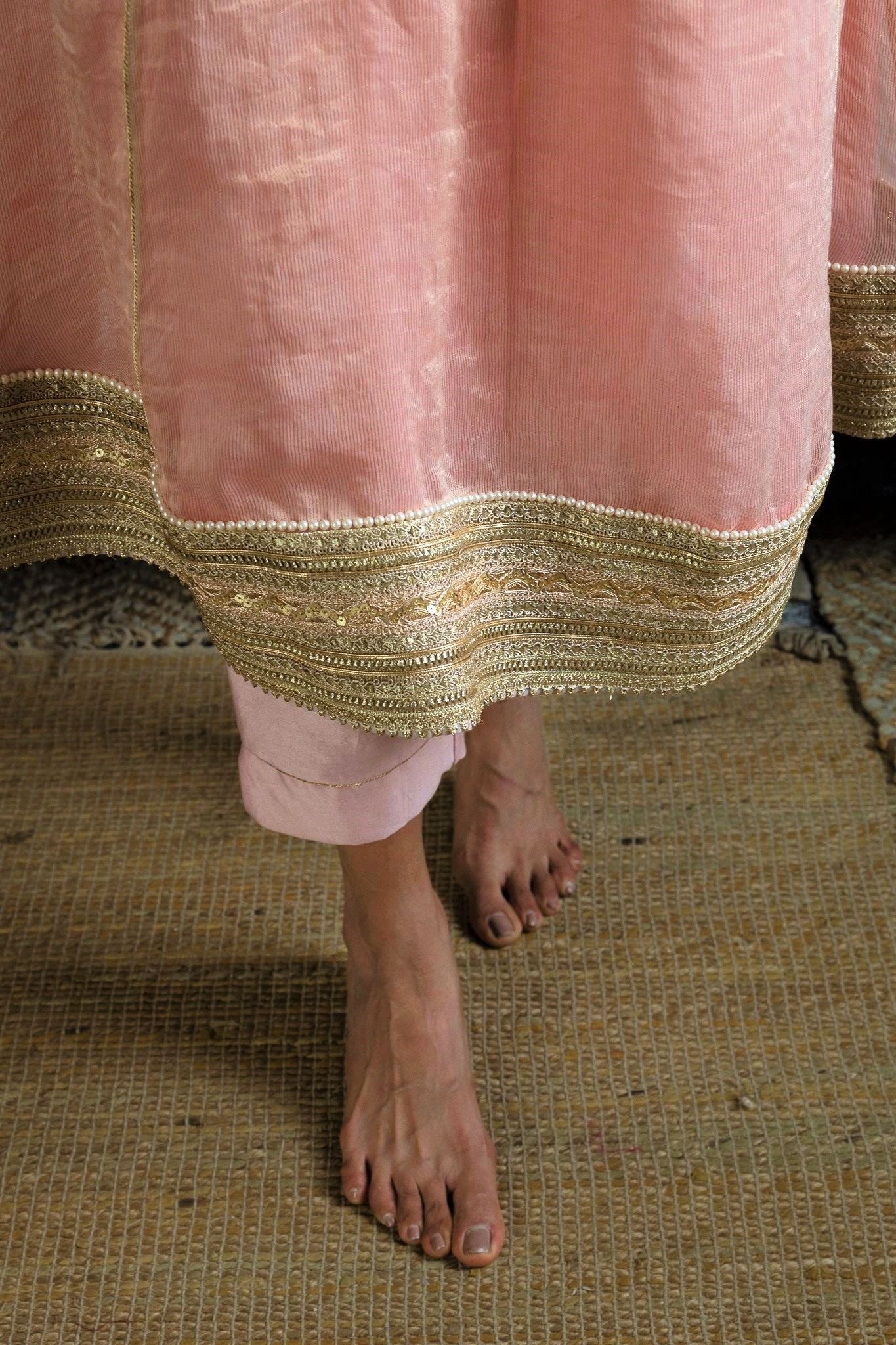 Anu kurta in Ash pink Handwoven Chanderi Silk & Tissue stripes with pants