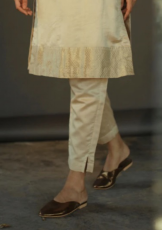 Hk Tunic In Beige Handloom Pure Mulberry Silk With Cigarette Pant