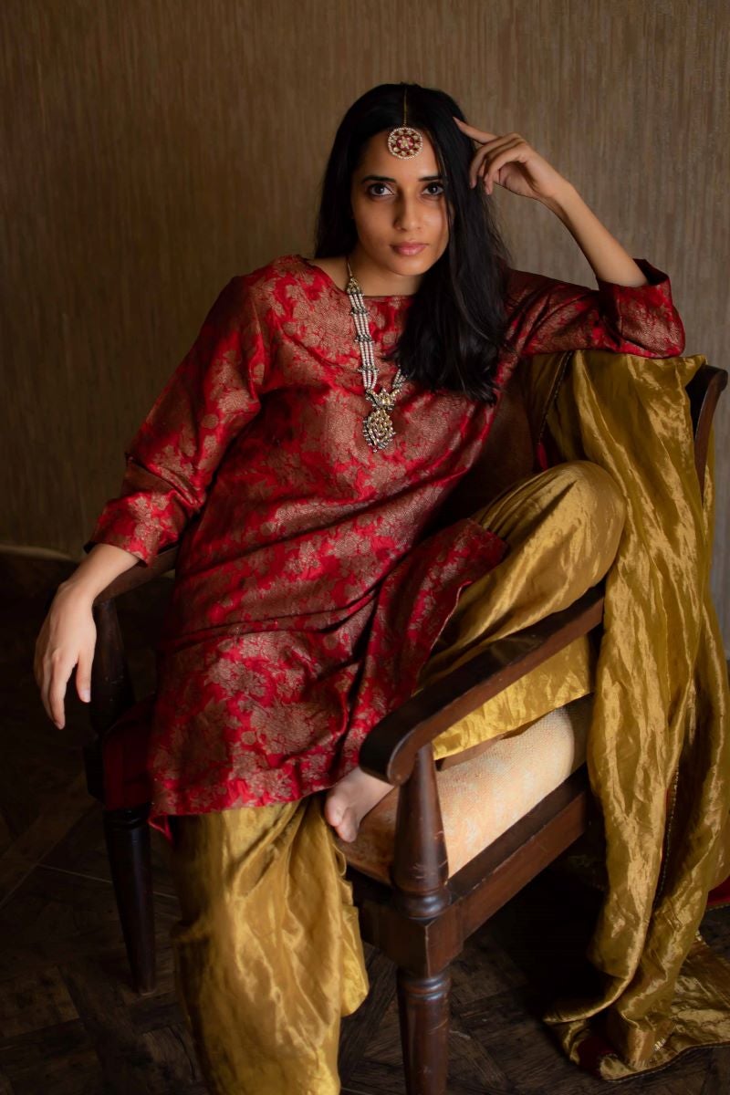 HK Tunic In Red Benarasi Brocade