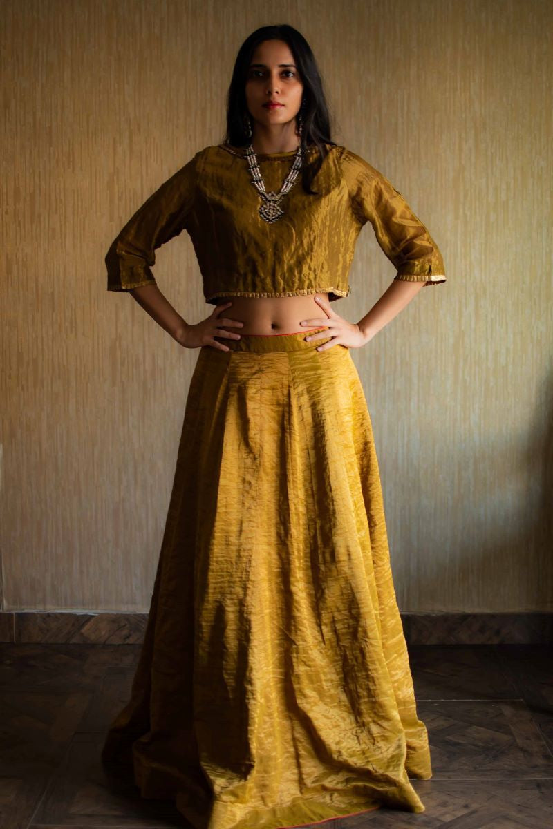 Antique gold handloom Tissue Lehenga (Set of 2)