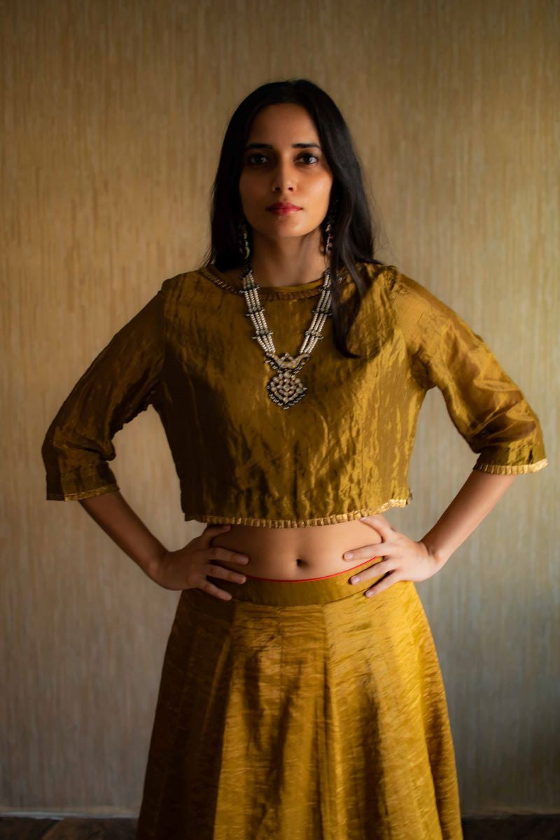 Antique gold handloom Tissue Lehenga (Set of 2)