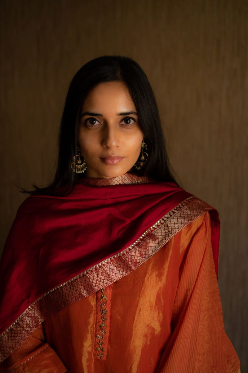 Maxi kurta in orange tissue with silk Shalwar