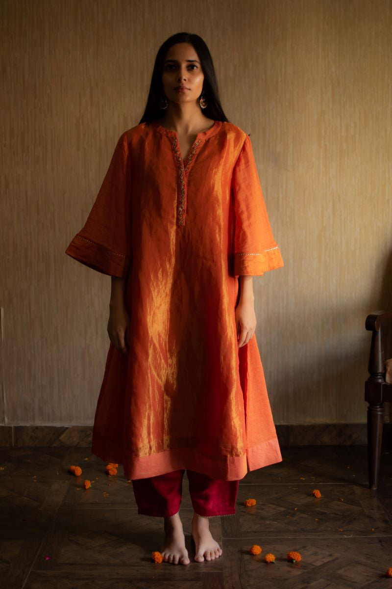 Maxi kurta in orange tissue with silk Shalwar