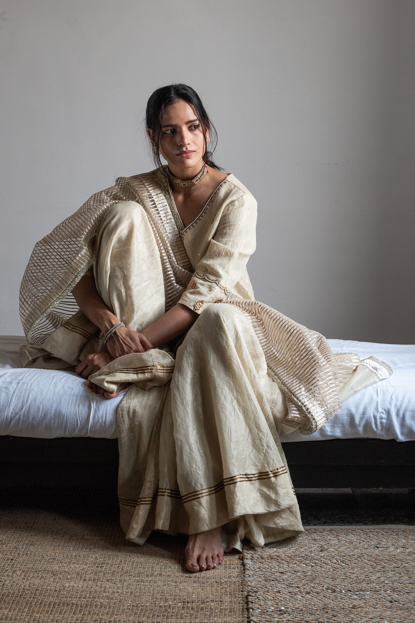 Dupatta in Ivory Chanderi & CC gota