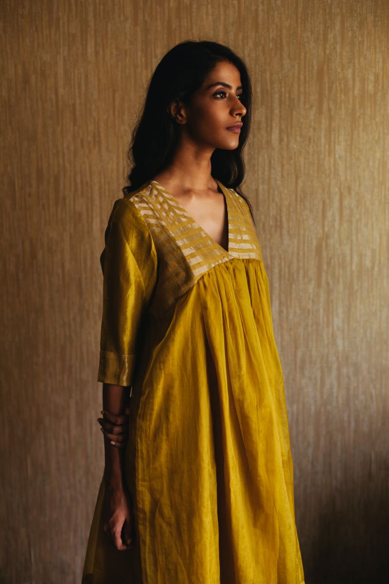 Empireline kurta In Mustard Handwoven Zari Jacquard With Pants