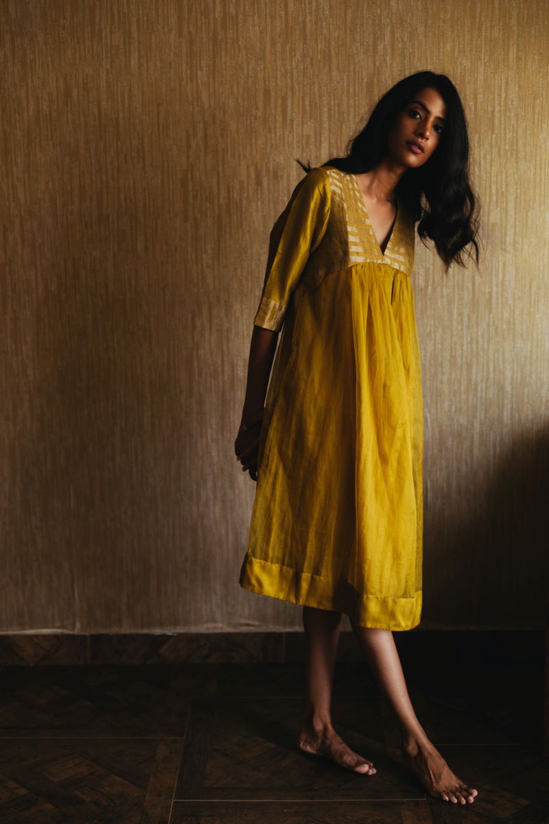 Empireline kurta In Mustard Handwoven Zari Jacquard With Pants