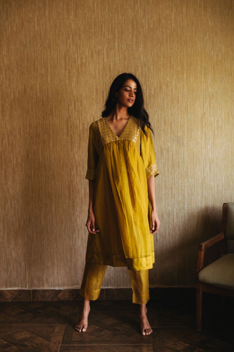 Empireline kurta In Mustard Handwoven Zari Jacquard With Pants