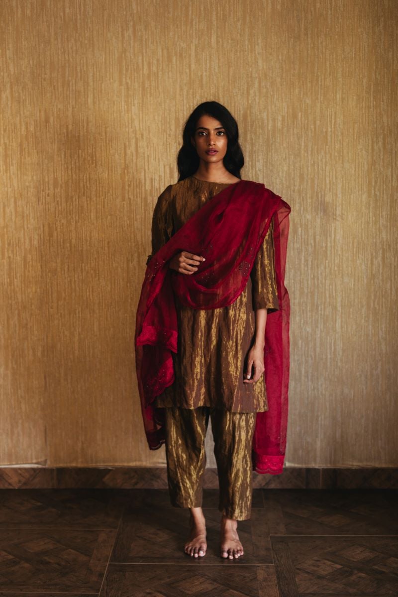 Stole In Red Organza with Block Print