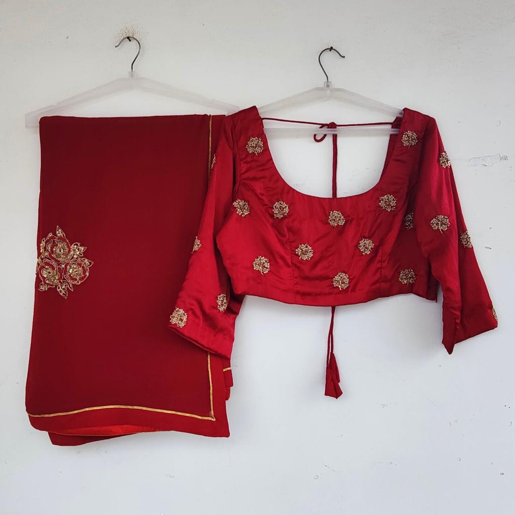 Ruby red Chiffon Sari