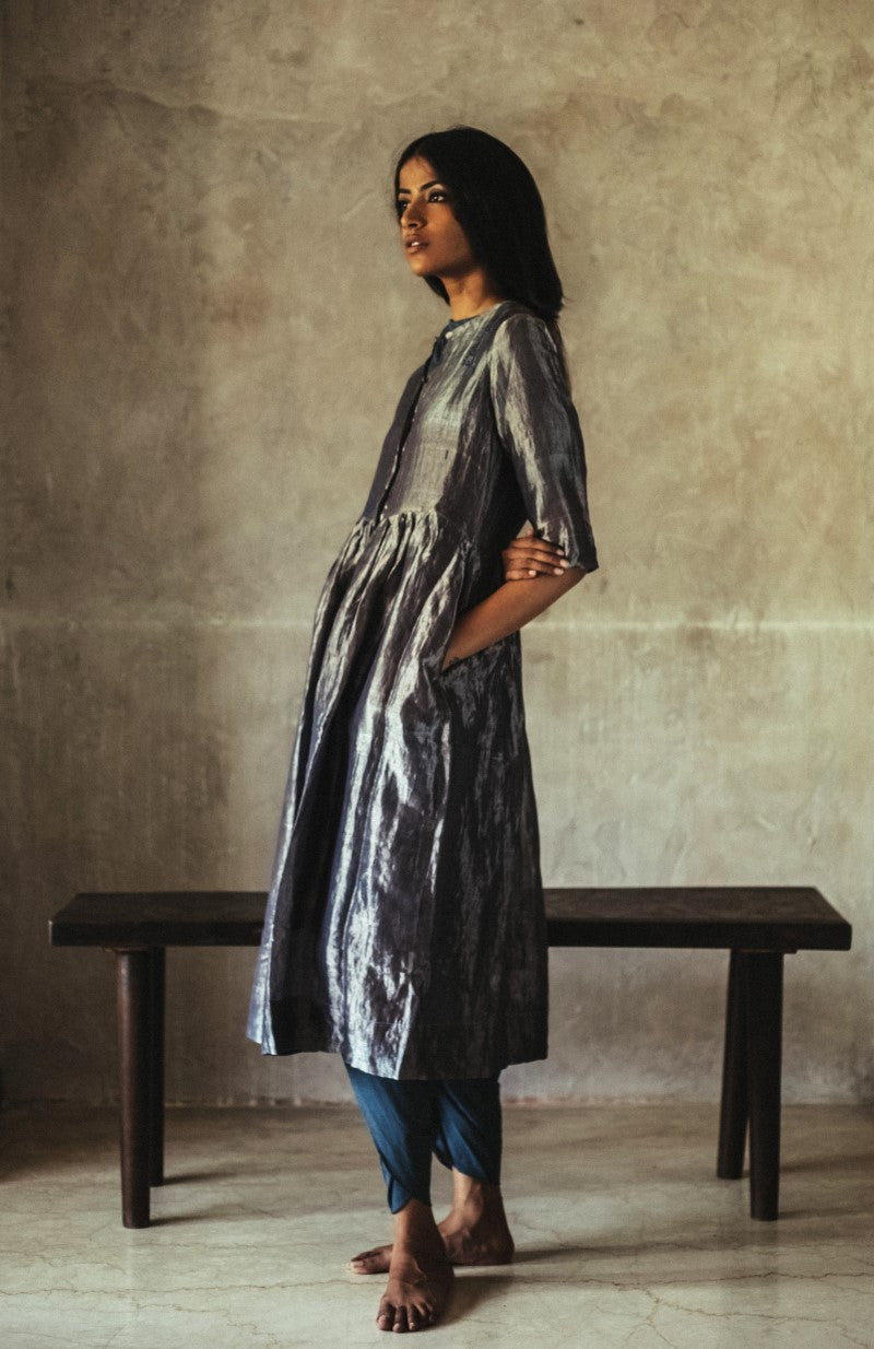 Anil Jacket In Silver Handwoven Tissue With Slip In Blue Satin & Pants