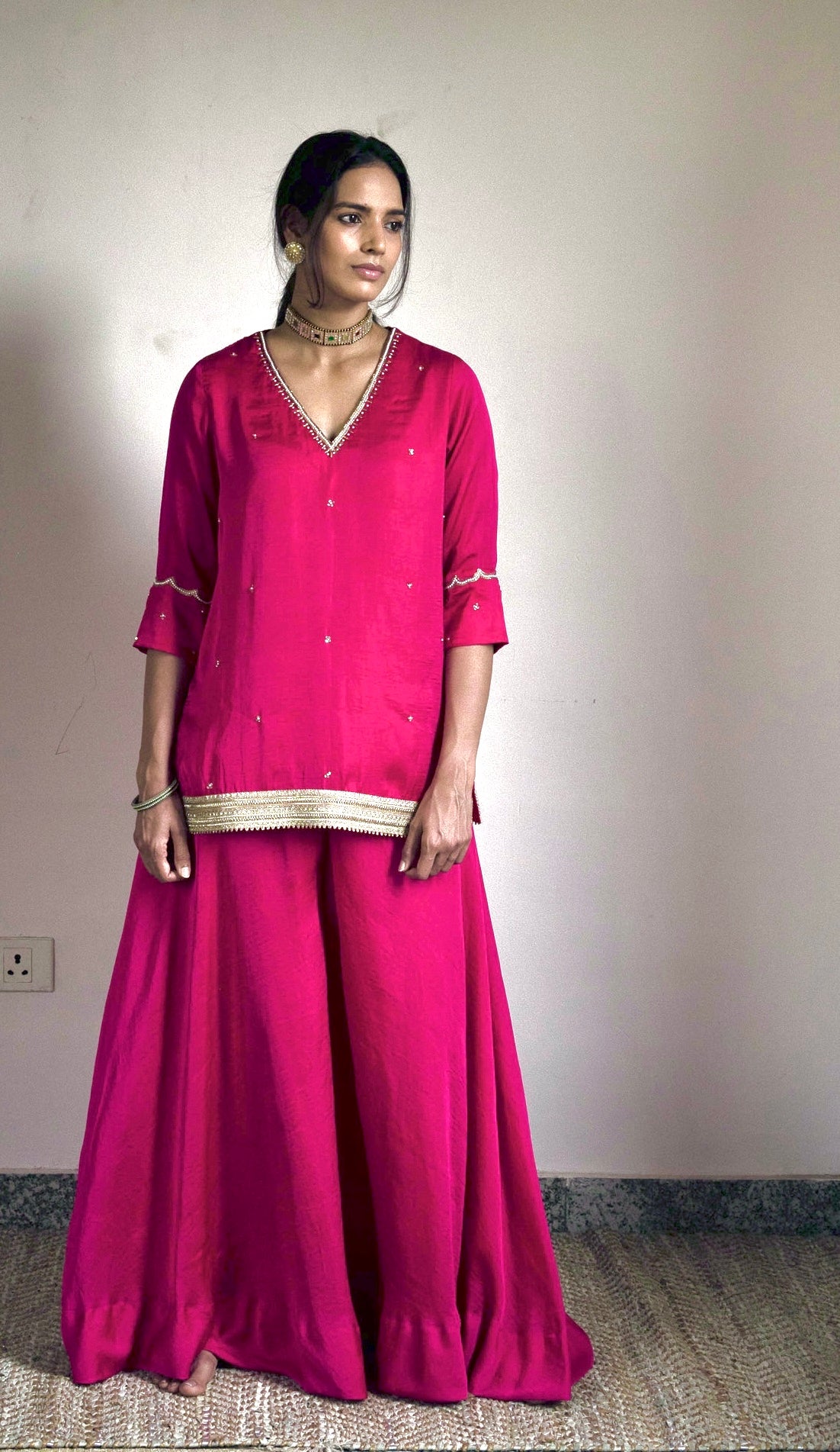 Mini V Kurta in Hot pink Silk Satin with garara