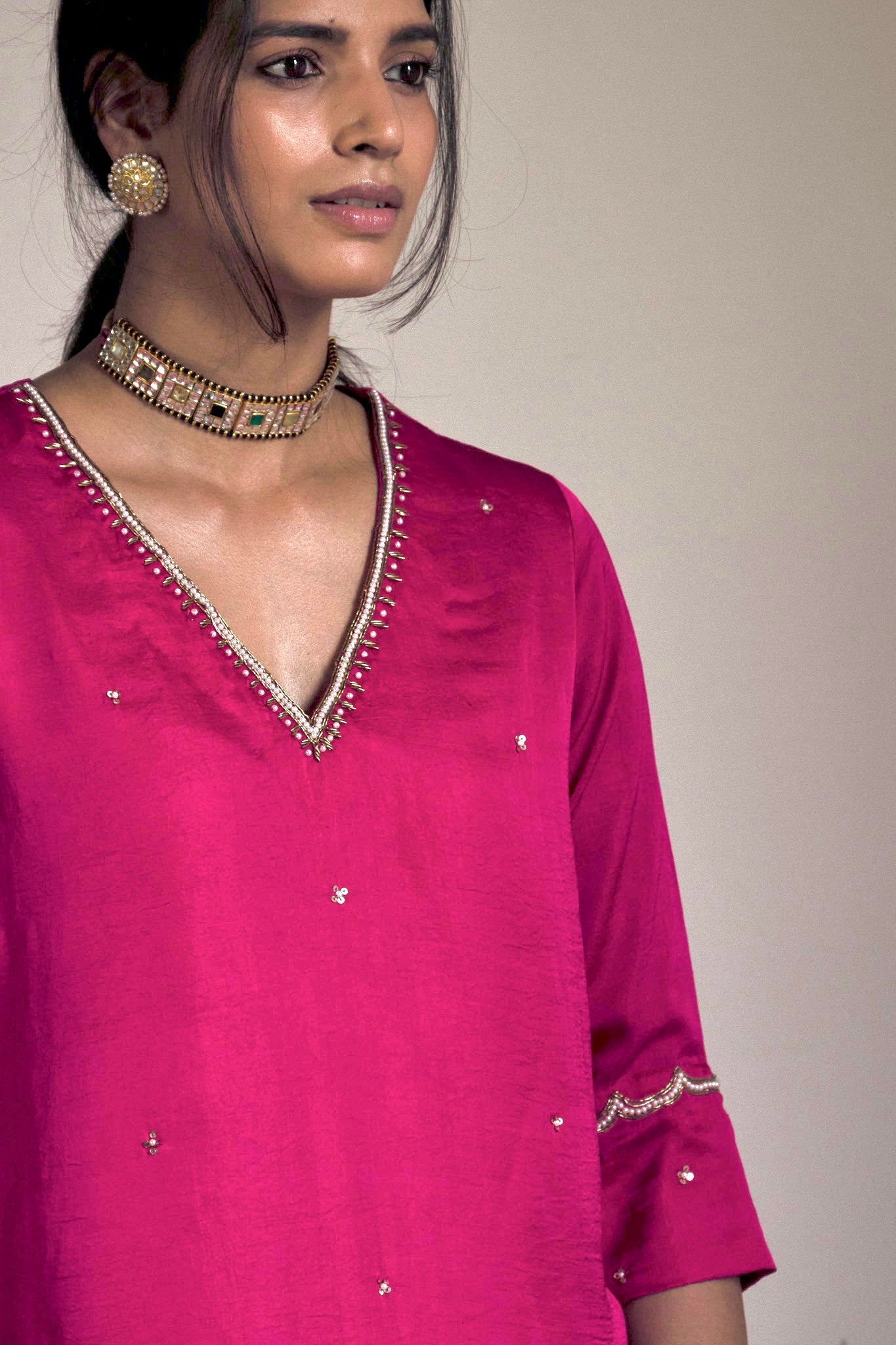 Mini V Kurta in Hot pink Silk Satin with garara