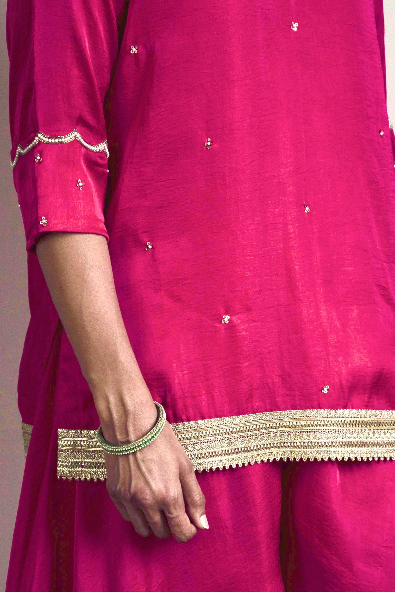 Mini V Kurta in Hot pink Silk Satin with garara