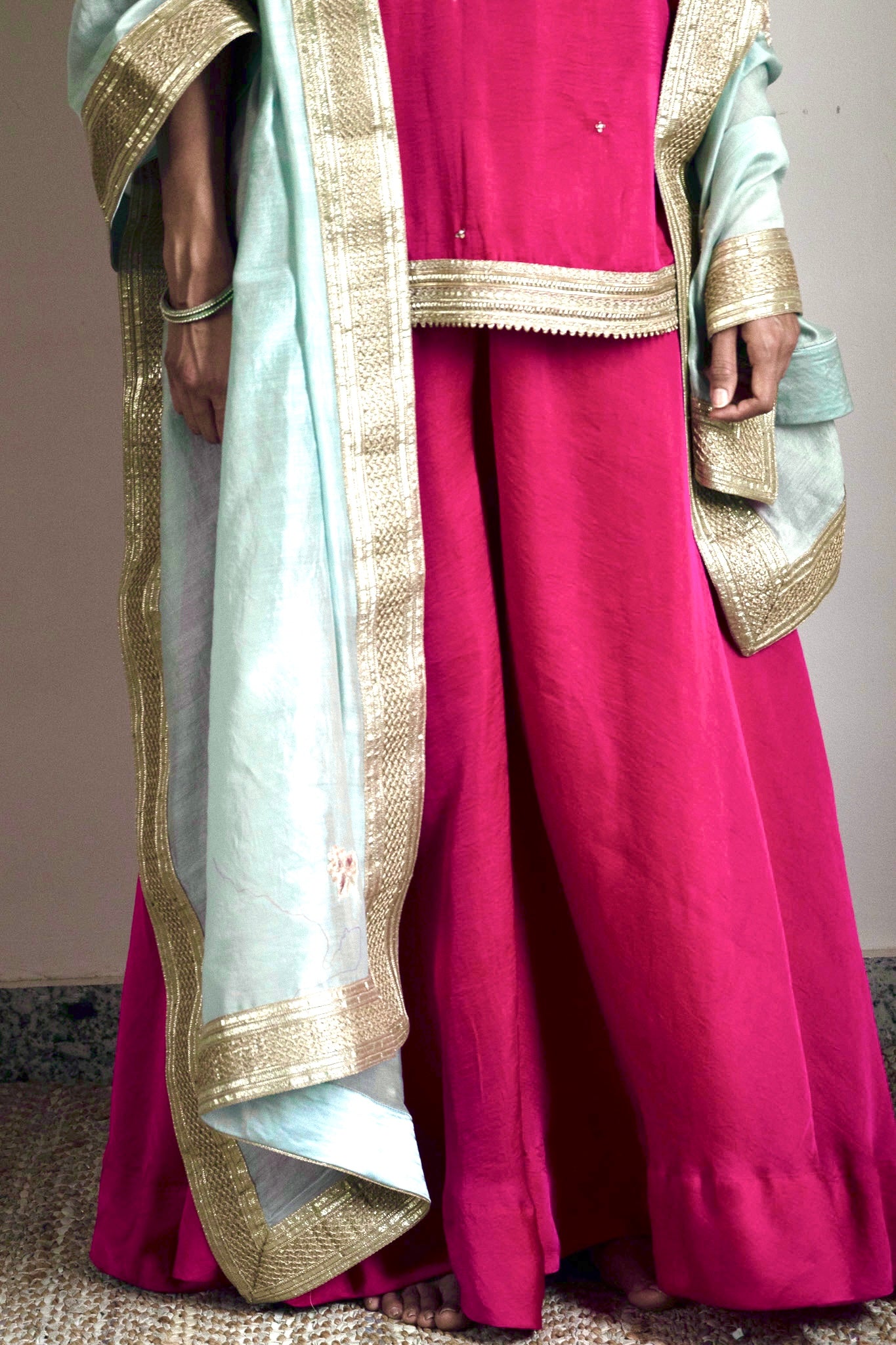 Mini V Kurta in Hot pink Silk Satin with garara