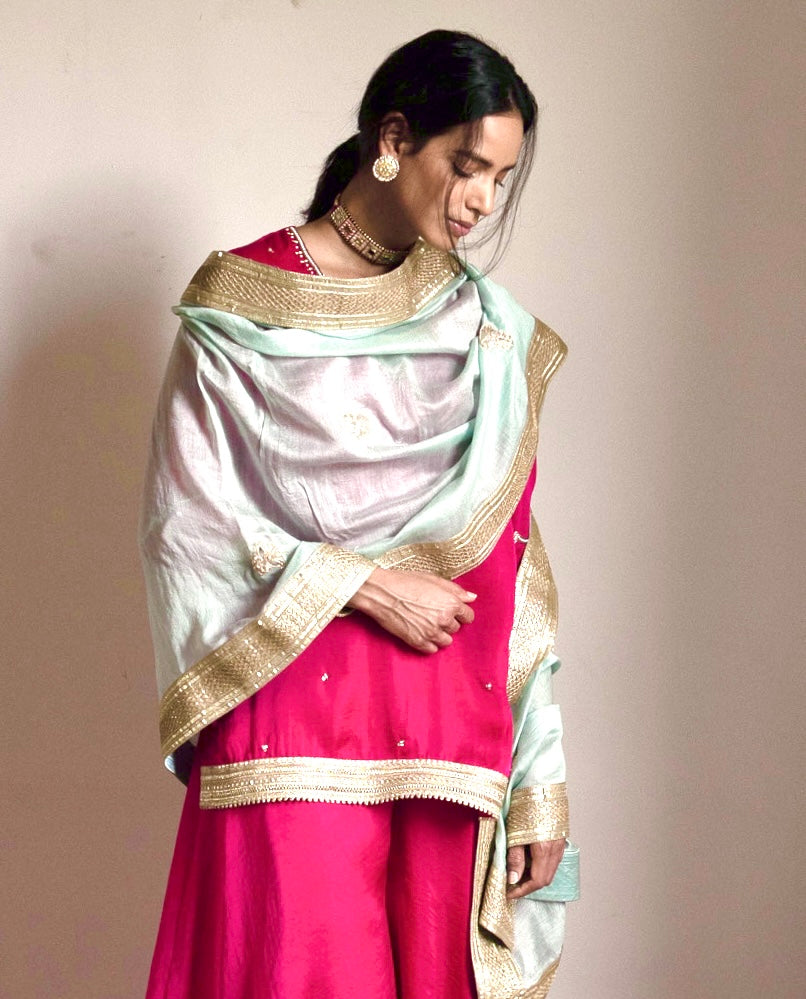 Mini V Kurta in Hot pink Silk Satin with garara
