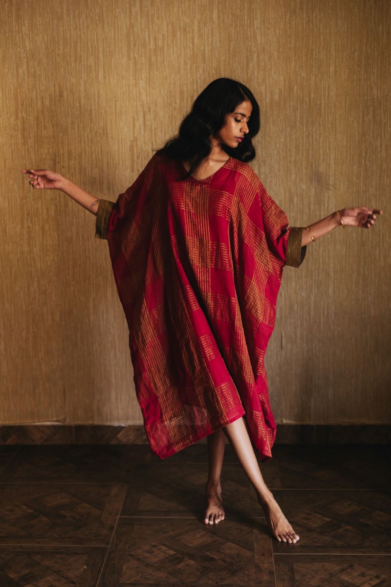 Kaftan In Red Handwoven Gold Zari checks