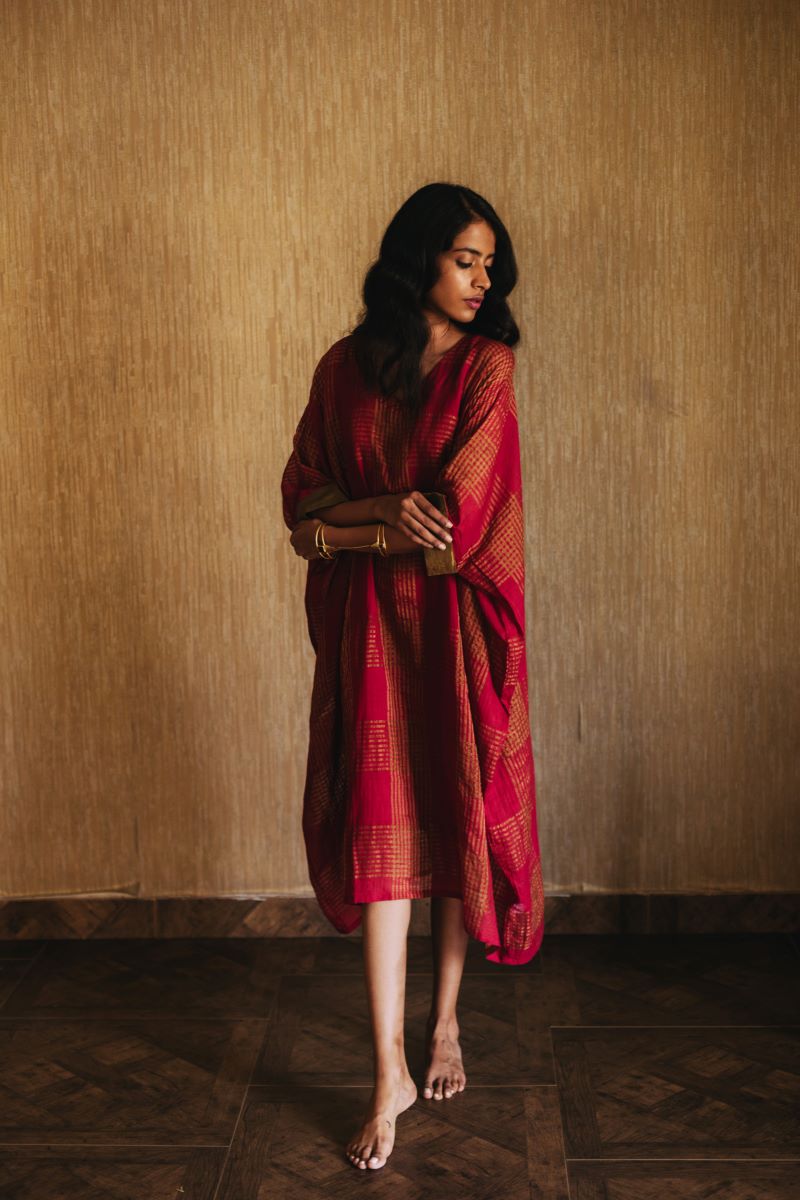 Kaftan In Red Handwoven Gold Zari checks