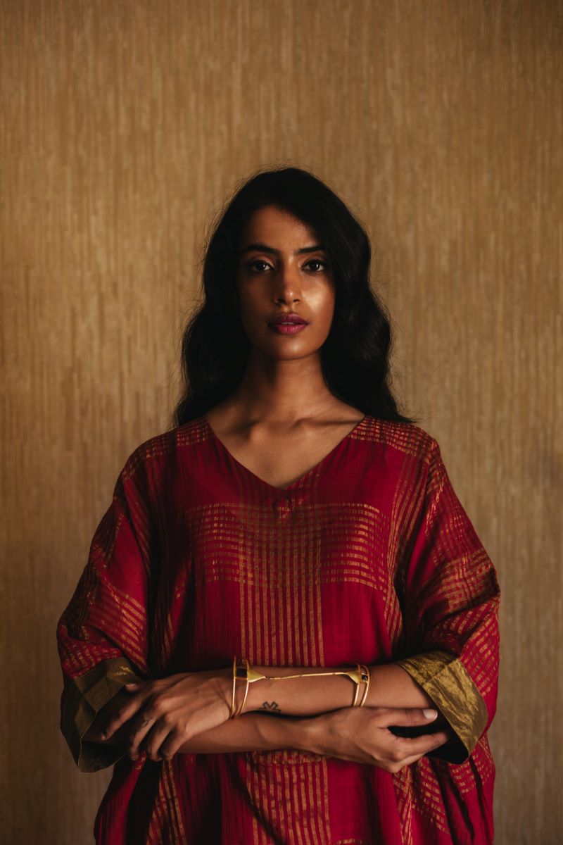Kaftan In Red Handwoven Gold Zari checks