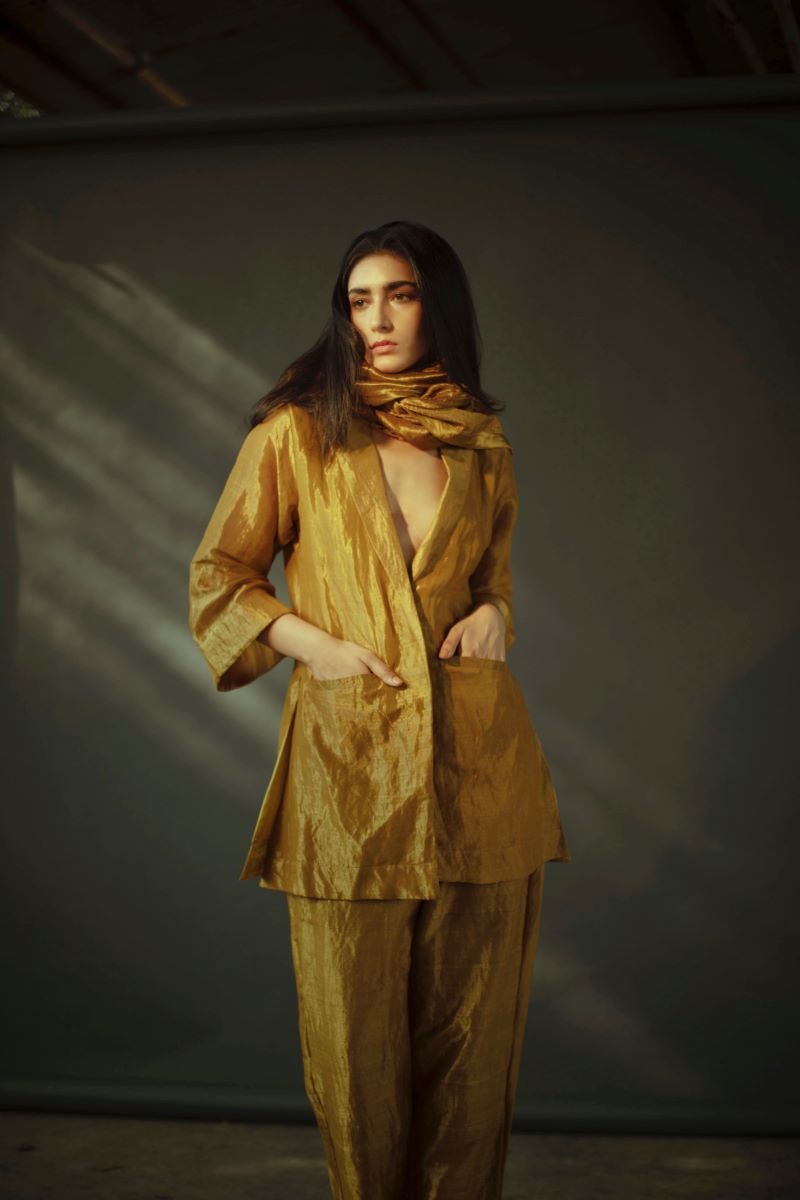Blazer & Pant Set In Antique Gold Handloom Tissue