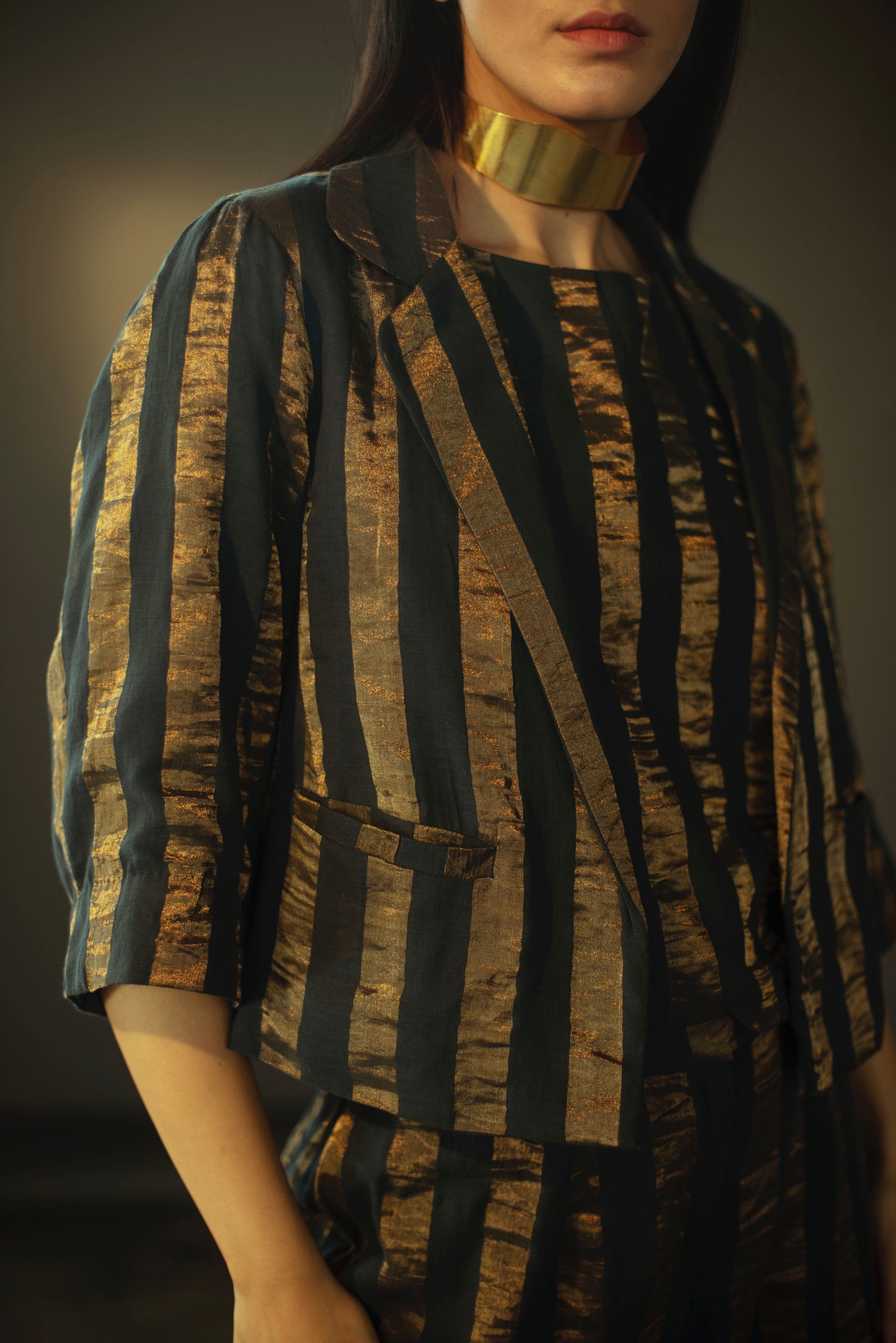 Blazer with Top and Pants In Navy Tissue Stripe