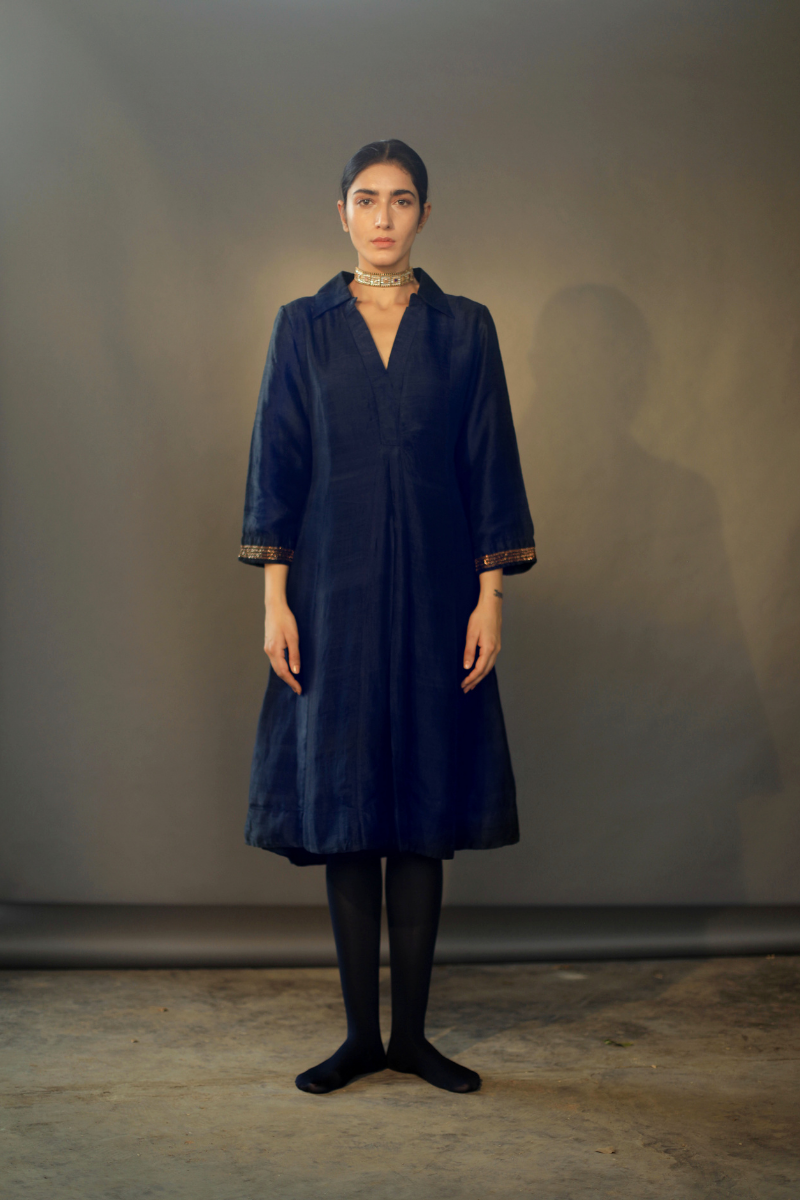 Sashiko Dress In Navy Silk