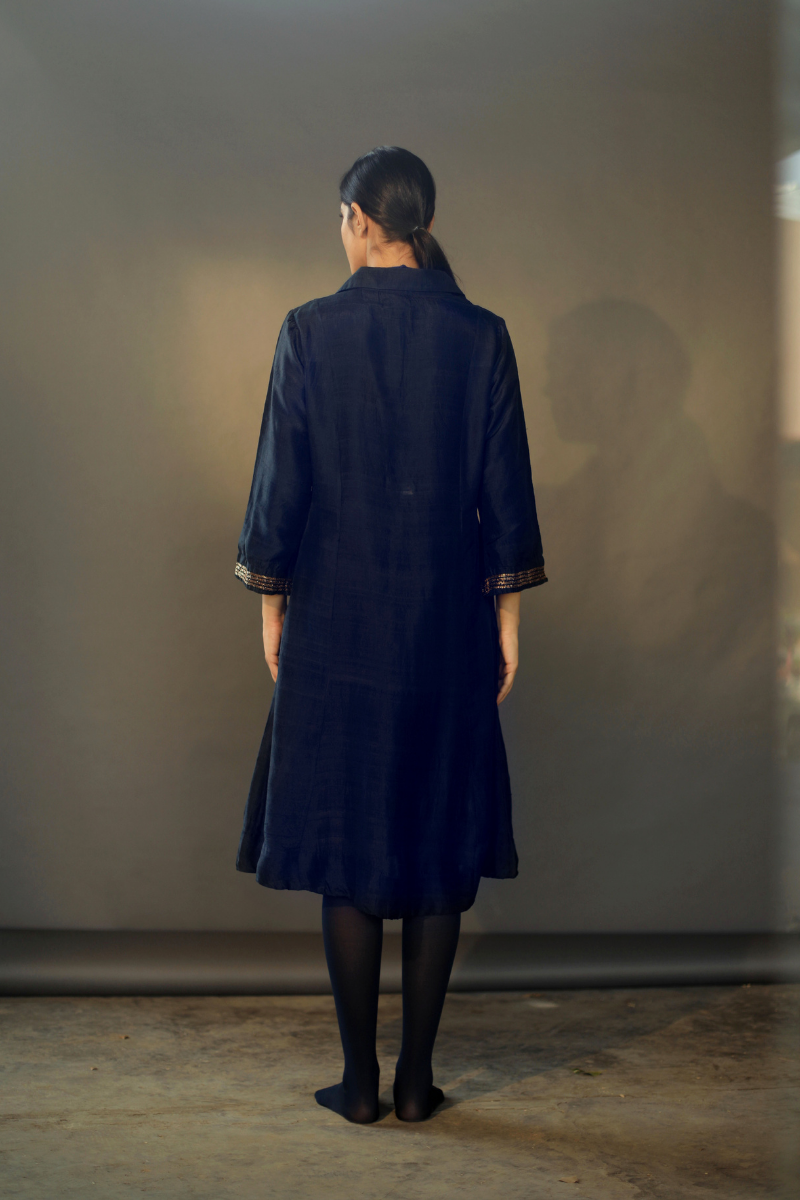 Sashiko Dress In Navy Silk