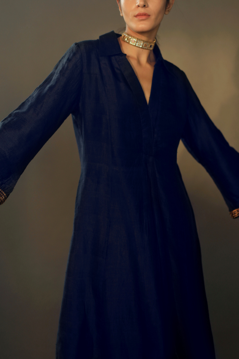 Sashiko Dress In Navy Silk