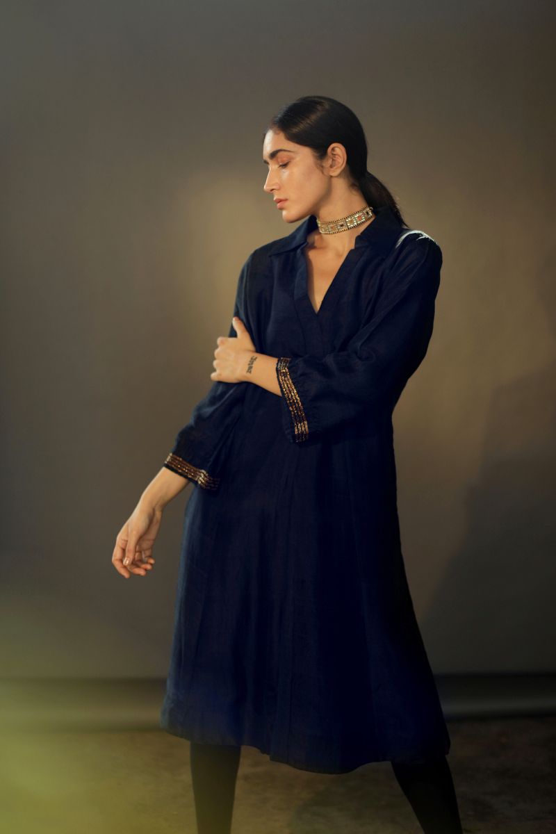 Sashiko Dress In Navy Silk