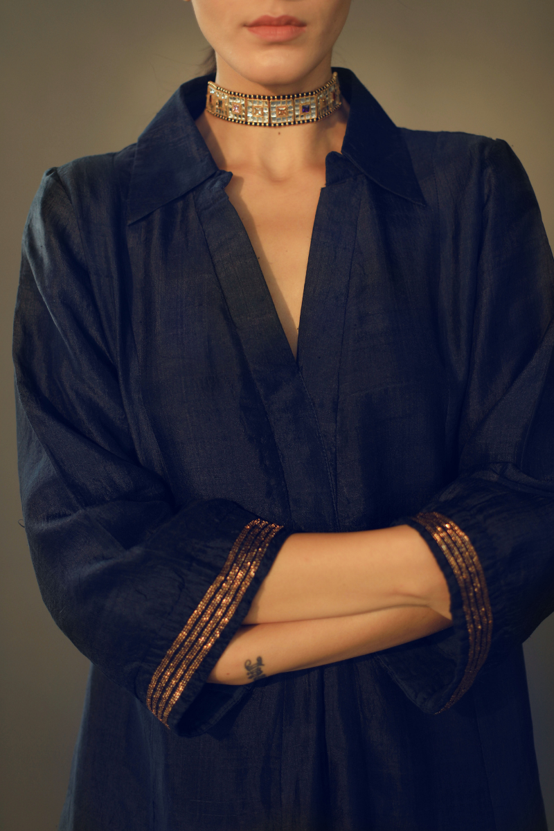 Sashiko Dress In Navy Silk