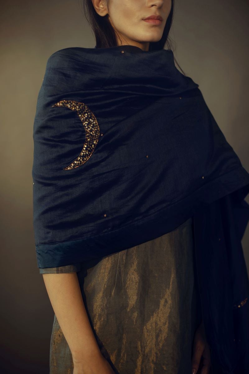 Char Chand Stole in Navy Chanderi