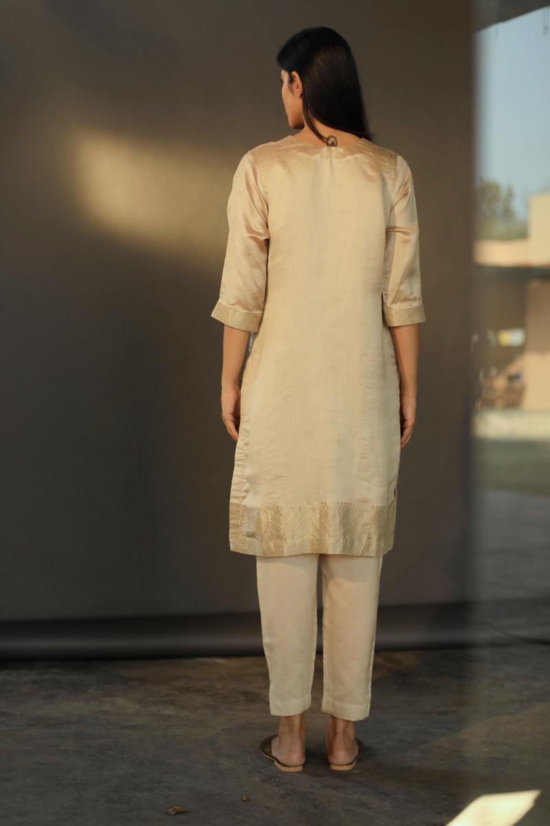 Hk Tunic In Beige Handloom Pure Mulberry Silk With Cigarette Pant