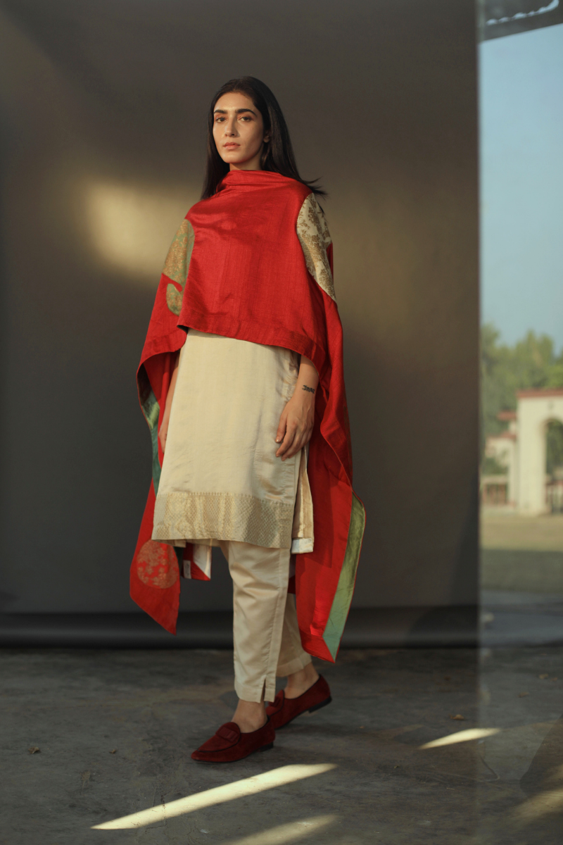 Hk Tunic In Beige Handloom Pure Mulberry Silk With Cigarette Pant