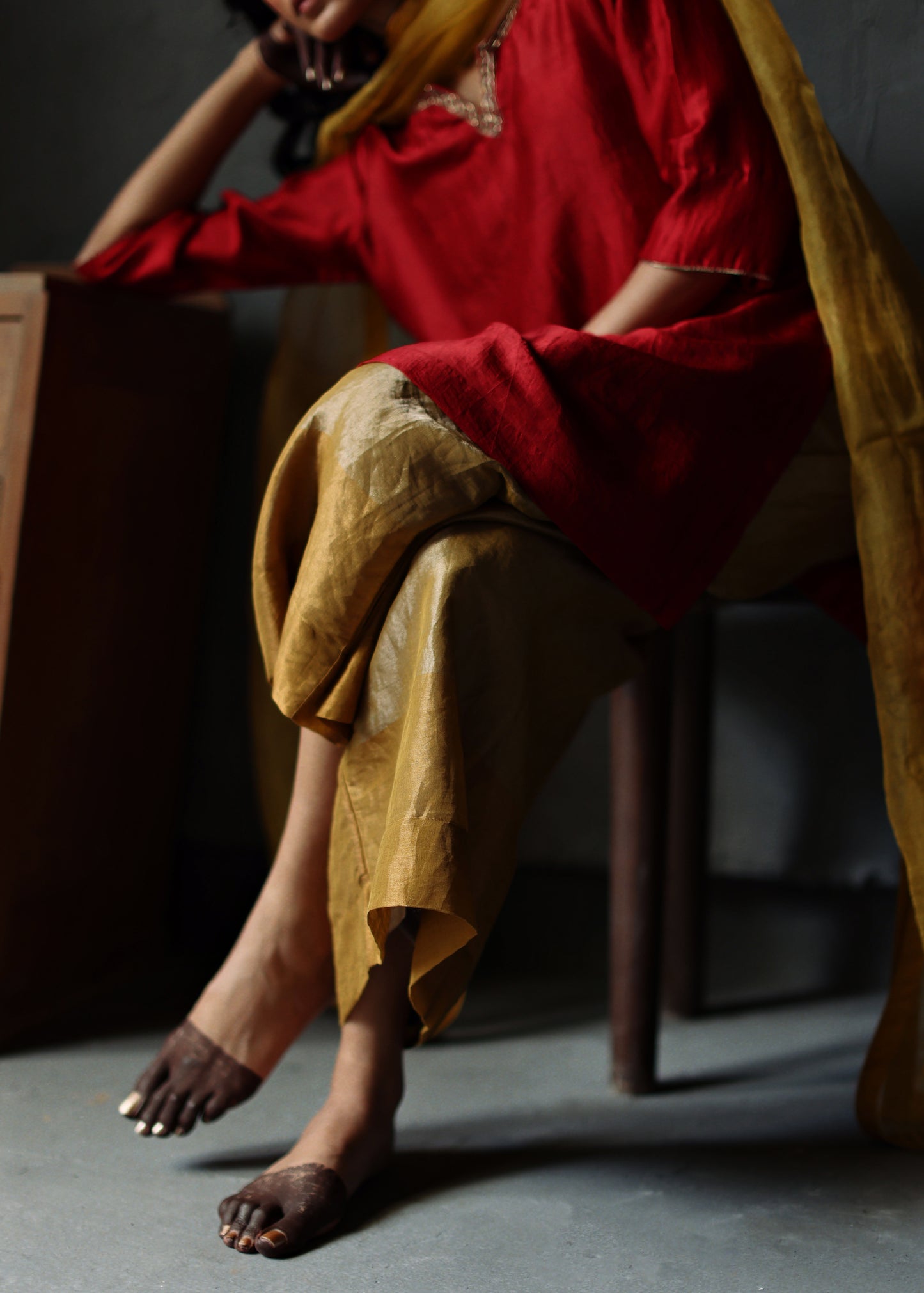 Anisa Kurta in Ruby Red Silk with Farshi