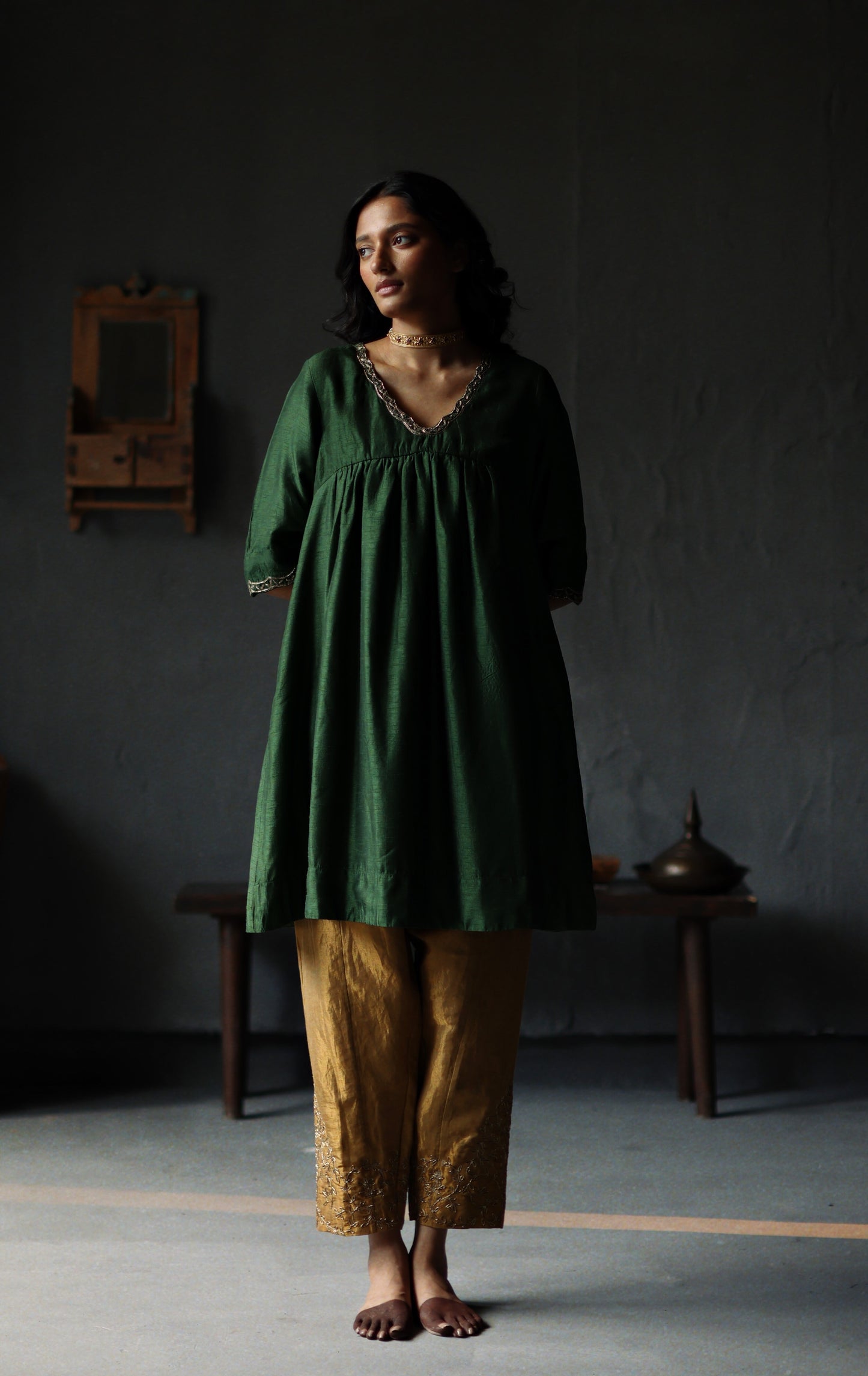 Empireline Kurta in Emerald Green Raw Silk with Shalwar