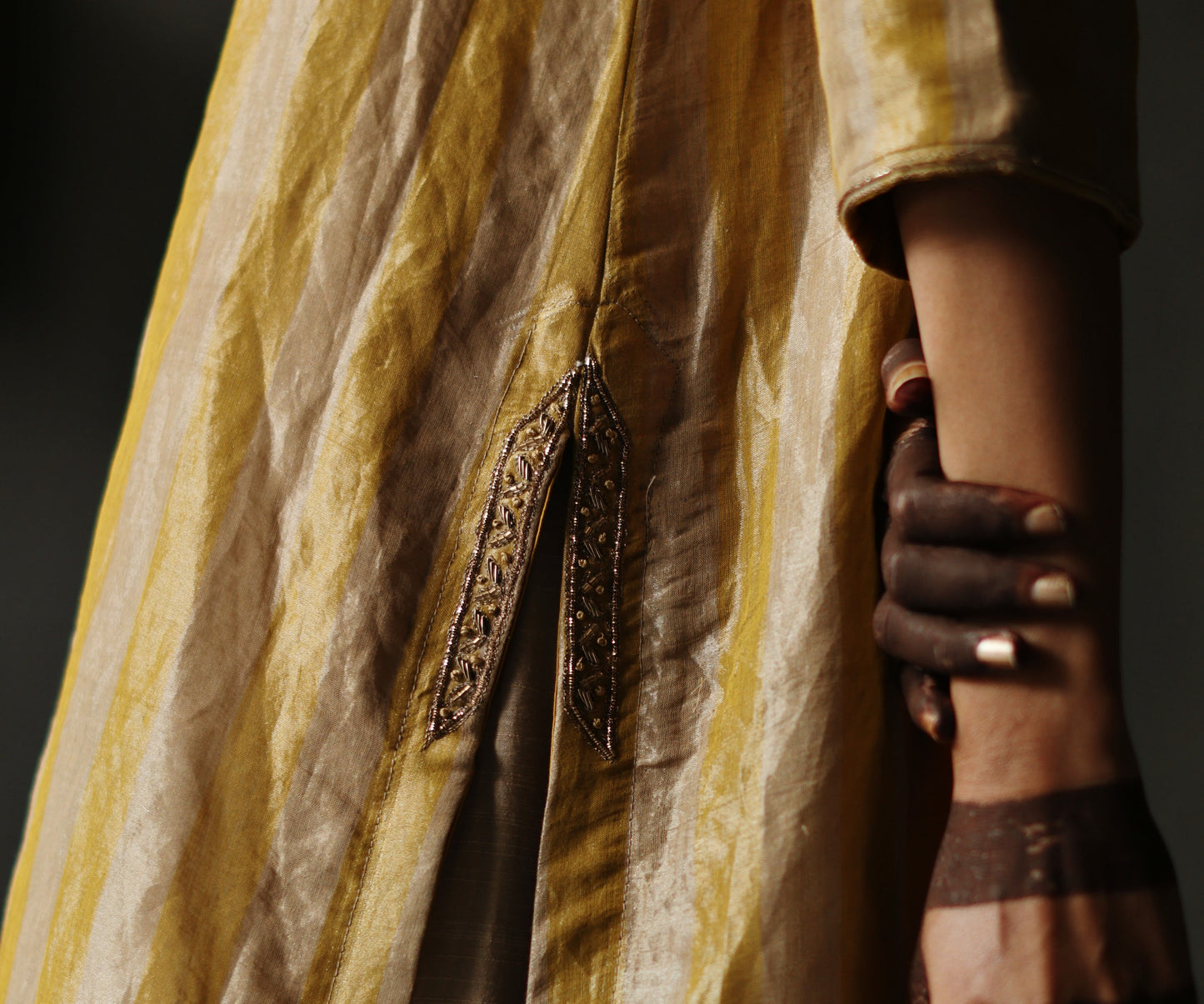 Anisa Kurta in Topaz Yellow Tissue stripes Chanderi with Farshi