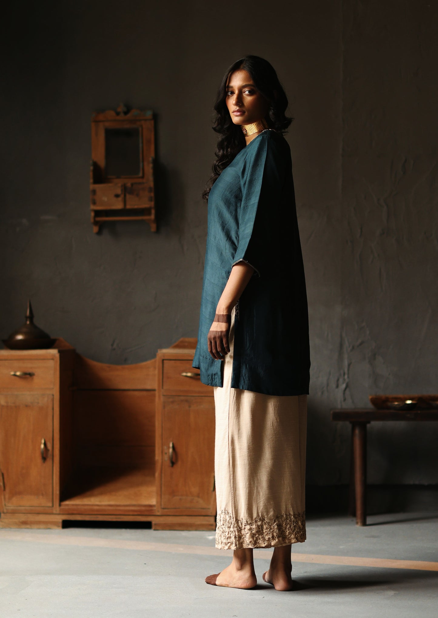 Anisa Kurta in Sapphire Teal Silk with Farshi